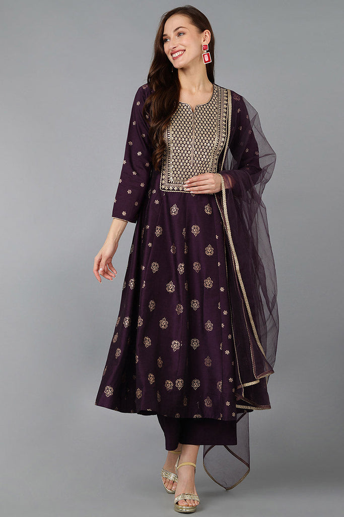 Women's Silk Blend Embroidered Woven Design Kurta Pant With Dupatta