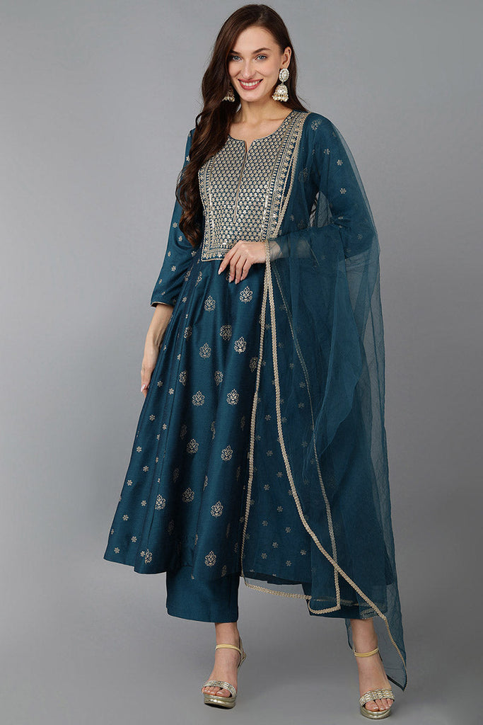 Women's Silk Blend Embroidered Woven Design Kurta Pant With Dupatta