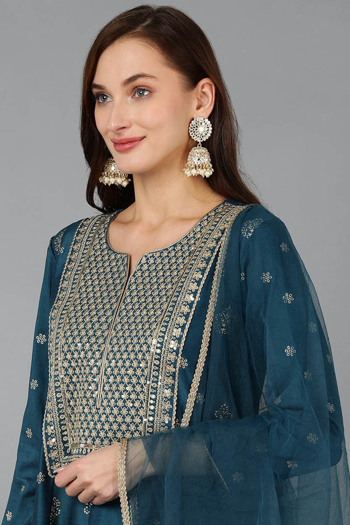 Women's Silk Blend Embroidered Woven Design Kurta Pant With Dupatta