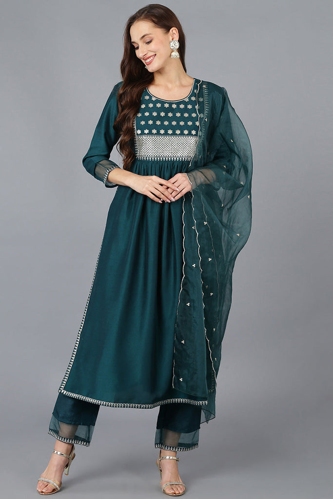 Women's Silk Blend Embroidered Solid Kurta Pant With Dupatta