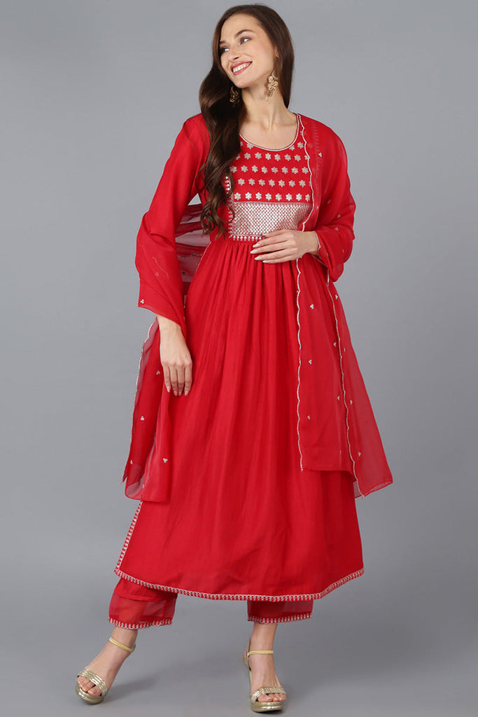 Women's Silk Blend Embroidered Solid Kurta Pant With Dupatta