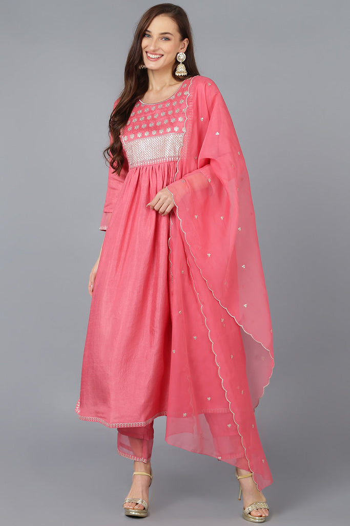 Women's Silk Blend Embroidered Solid Kurta Pant With Dupatta