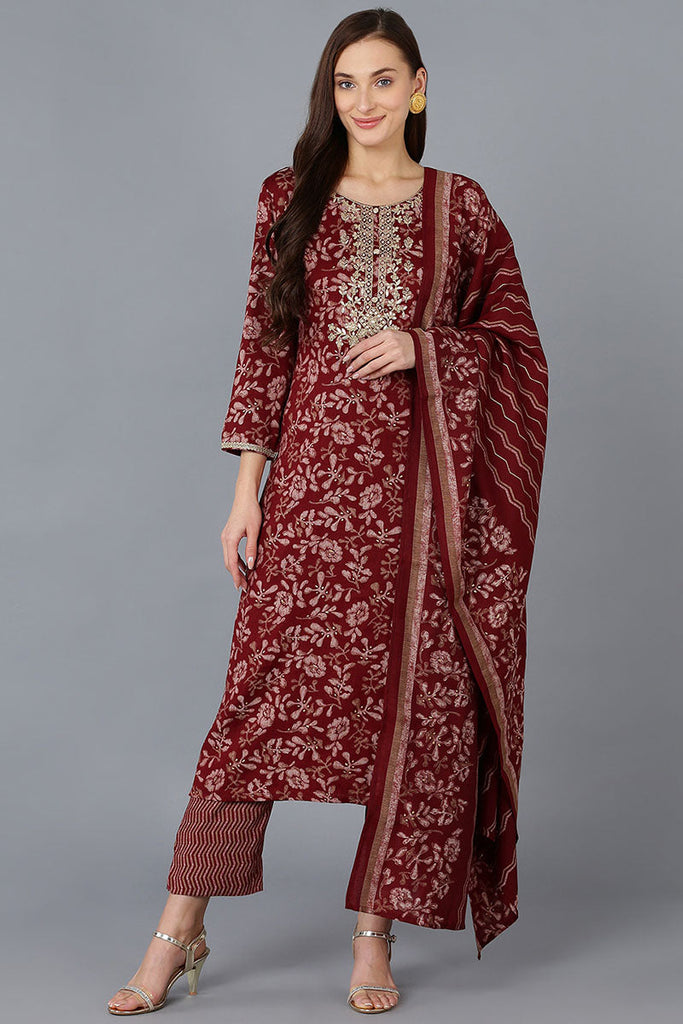 Women's Silk Blend Embroidered Floral Printed Kurta Pant With Dupatta