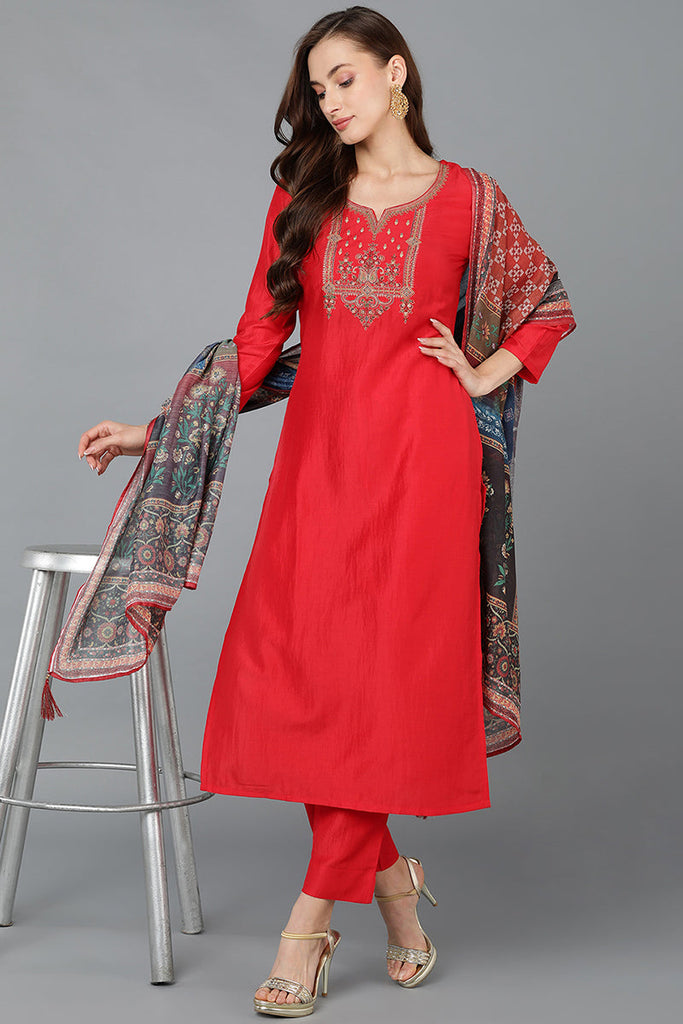 Women's Silk Blend Embroidered Kurta Pant With Dupatta