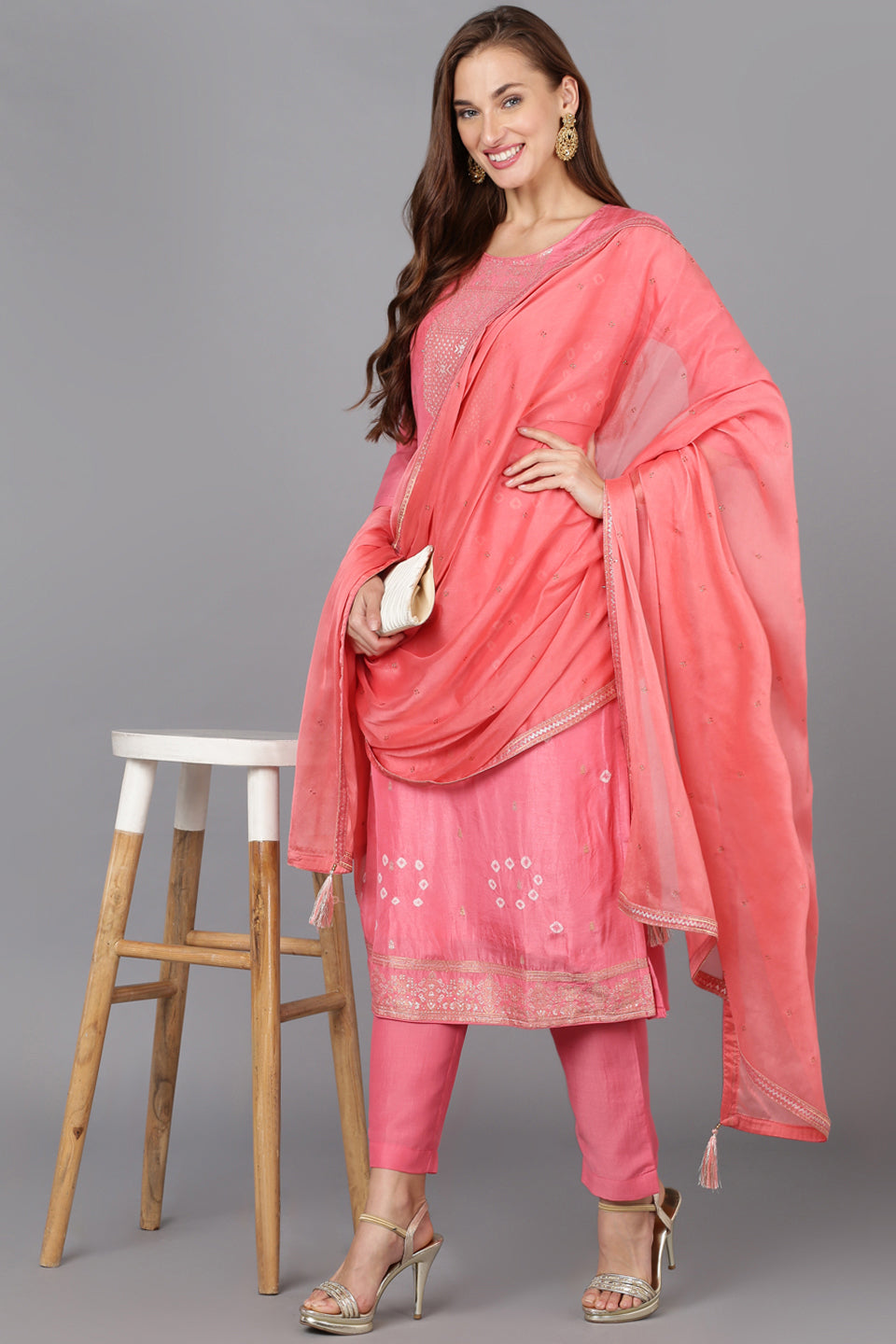 Women's Pink Silk Blend Bandhani Printed Straight Suit Set - Ahika