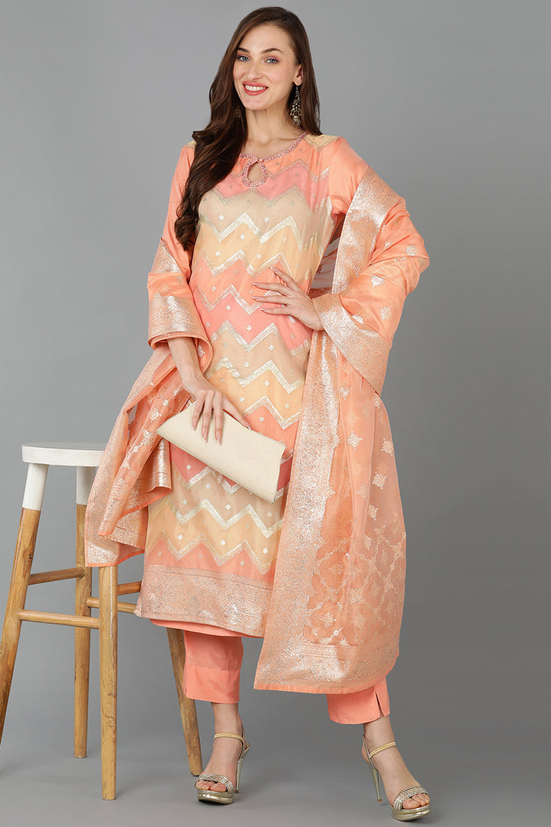 Women's Poly Chanderi Woven Design Geometric Kurta Pants With Dupatta - Ahika