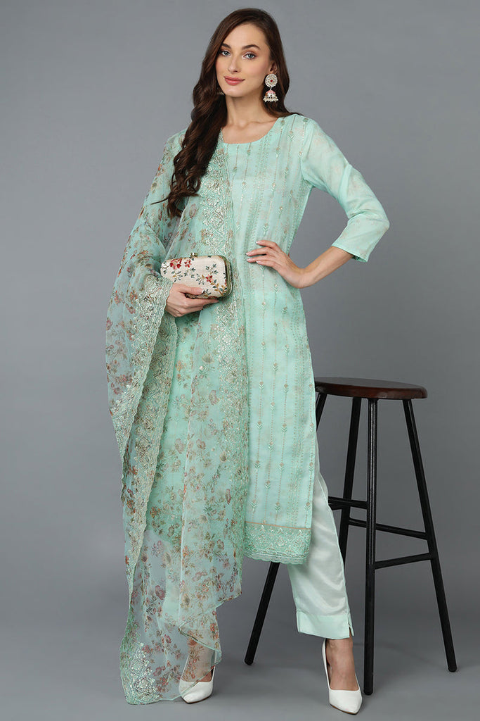 Women's Organza Embroidered Ethnic Kurta Pant With Dupatta