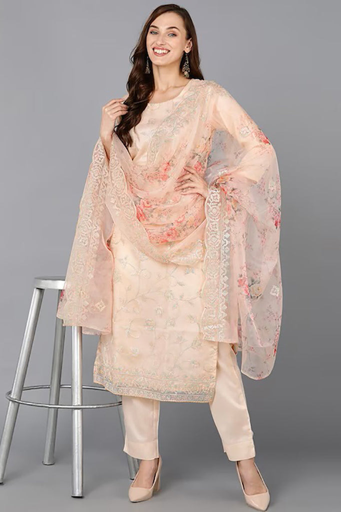 Women's Organza Embroidered Kurta Pants With Dupatta