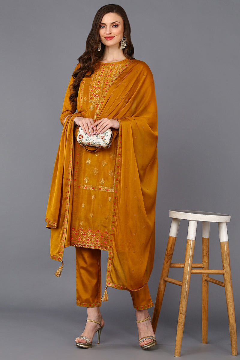 Women's Silk Blend Mustard Embroidered Straight Kurta Pant With Dupatta - Ahika