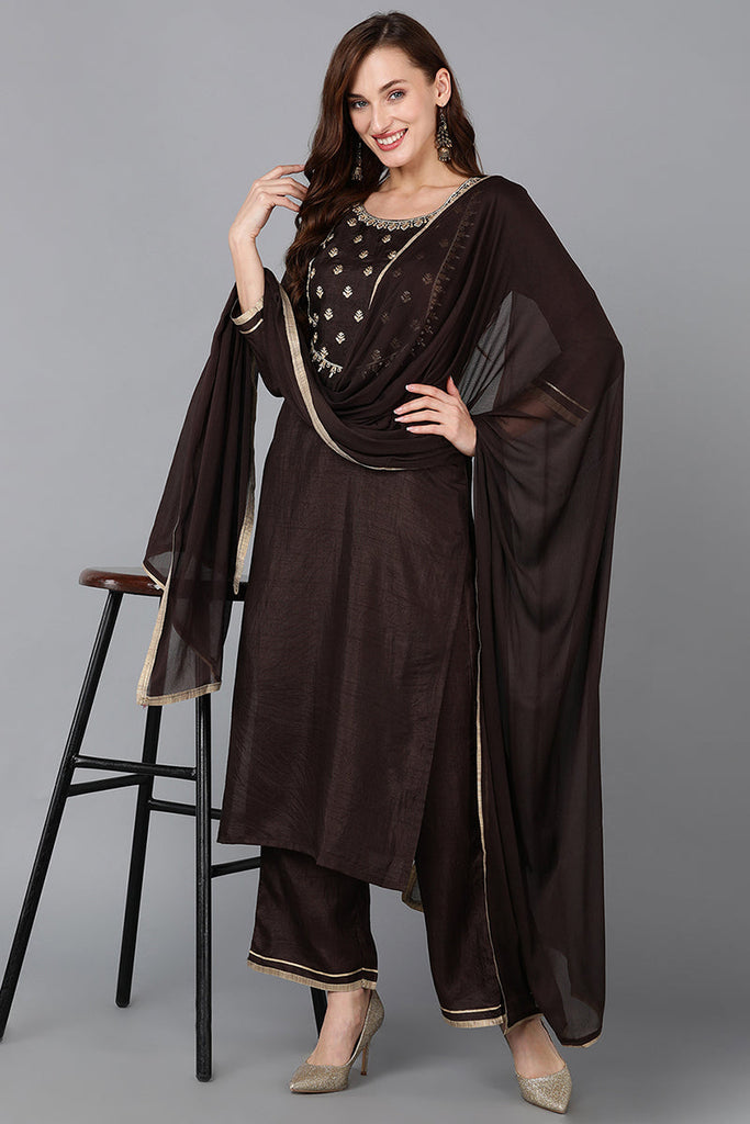 Women's Silk Blend Embroidered Kurta Pant With Dupatta