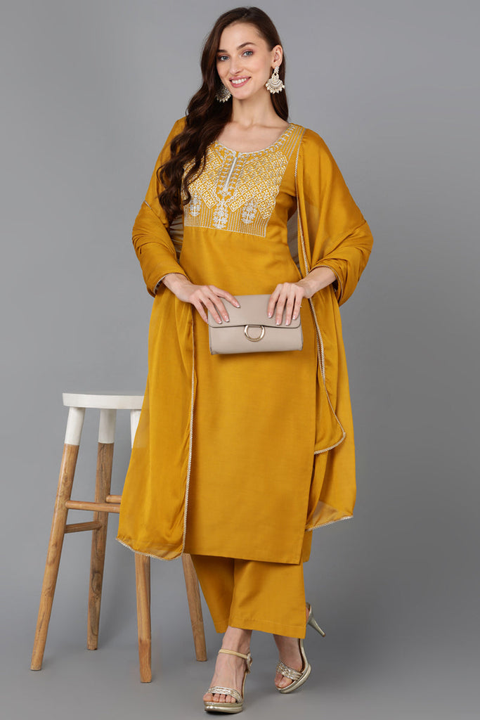Women's Silk Blend Yoke Design Kurta Palazzos With Dupatta