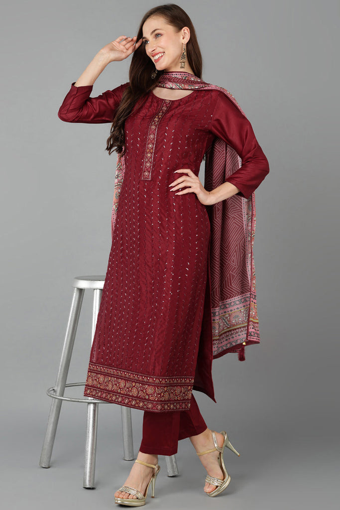 Women's Silk Blend Embroidered Ethnic Motifs Kurta Pants With Dupatta