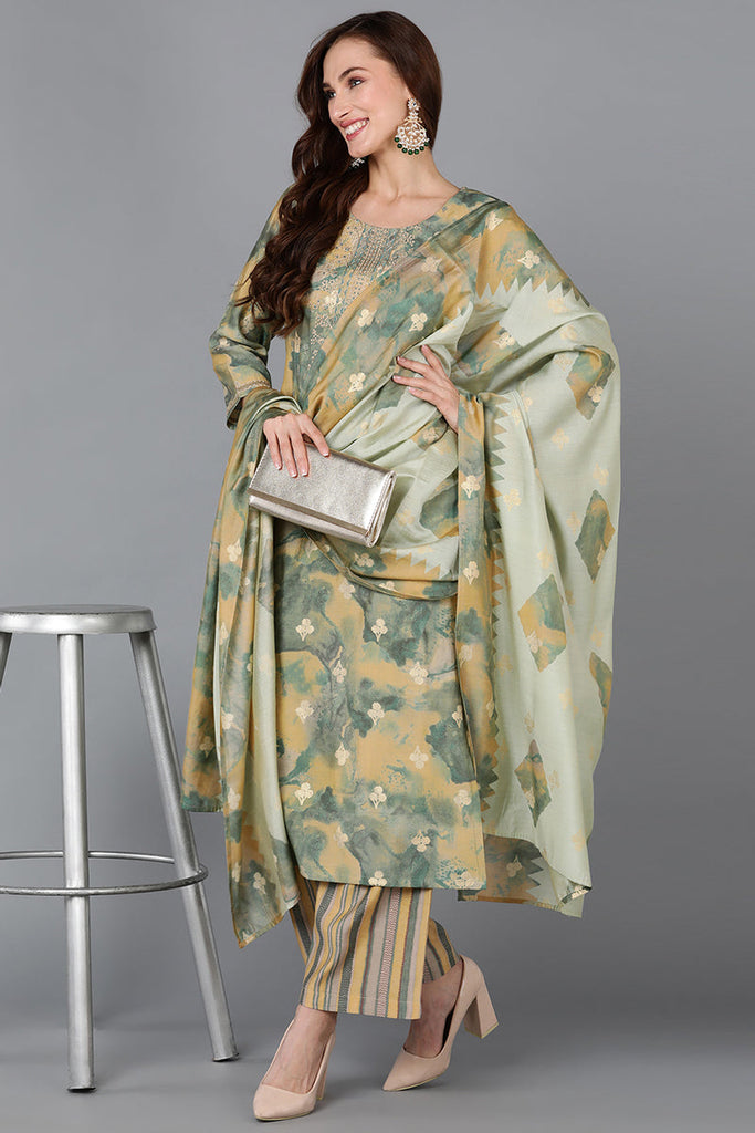 Women's Silk Blend Printed Abstract Embroidered Kurta Palazzos With Dupatta