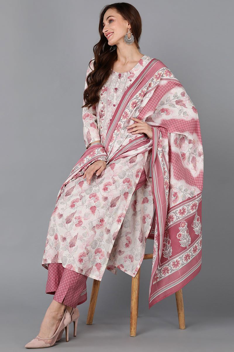 Women's Poly Chanderi Printed Floral Embroidered Kurta Pants With Dupatta - Ahika
