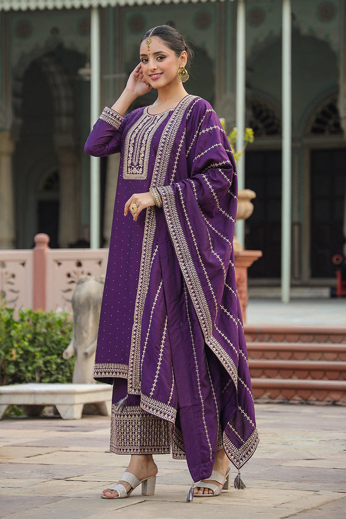 Women's Silk Blend Embroidered Kurta Palazzos With Dupatta
