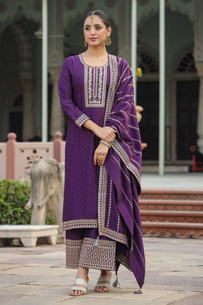 Women's Silk Blend Embroidered Kurta Palazzos With Dupatta