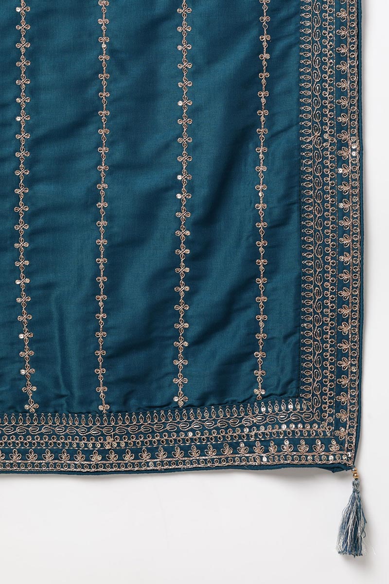 Women's Silk Blend Embroidered Kurta Palazzos With Dupatta - Ahika