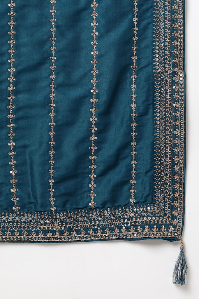 Women's Silk Blend Embroidered Kurta Palazzos With Dupatta