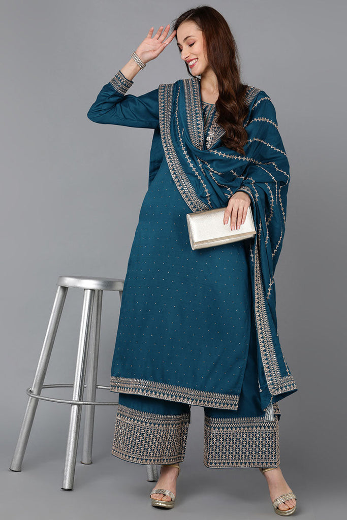 Women's Silk Blend Embroidered Kurta Palazzos With Dupatta