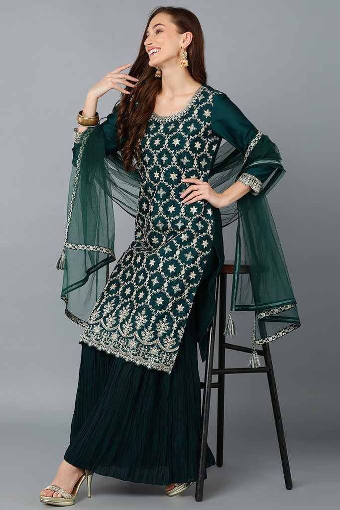 Women's Silk Blend Abstract Embroidered Kurta Sharara With Dupatta