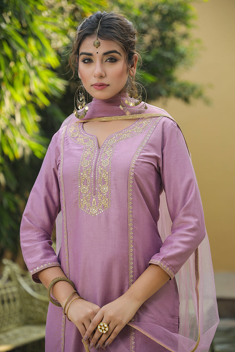 Women's Lilac Silk Blend Embroidered Festive Wear - Ahika