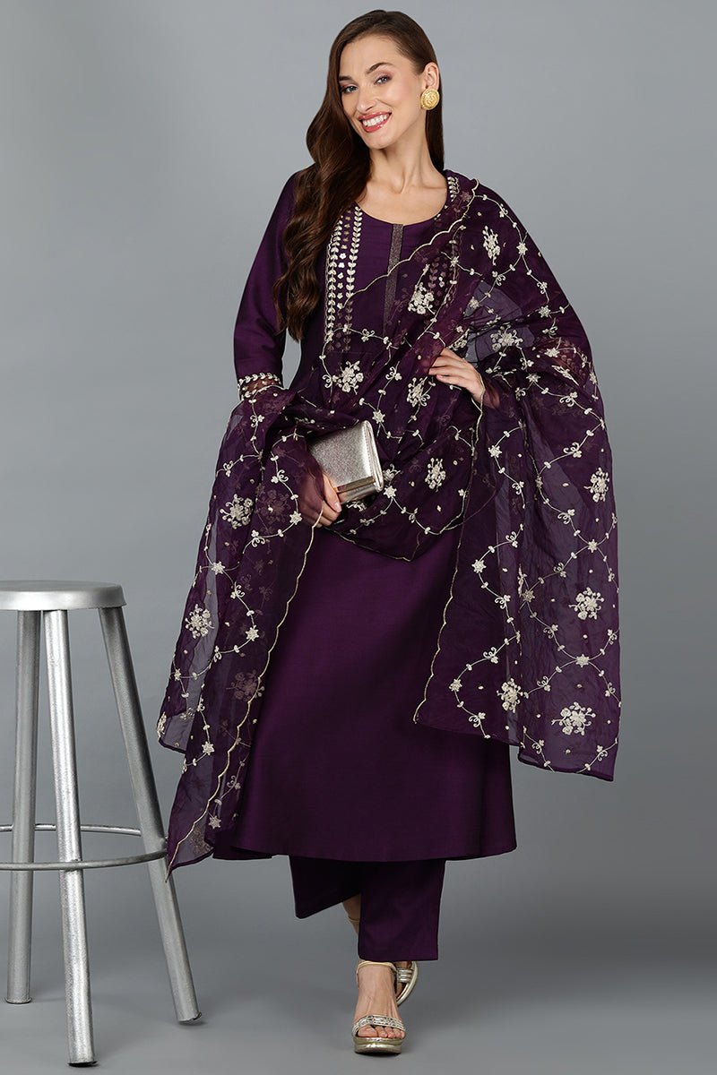 Women's Purple Silk Blend Embroidered Anarkali Festive Wear-Ahika - Ahika