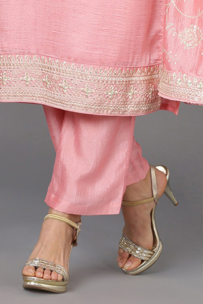 Women's Flamingo Pink Silk Blend Embroideredparty Wear Suit Set