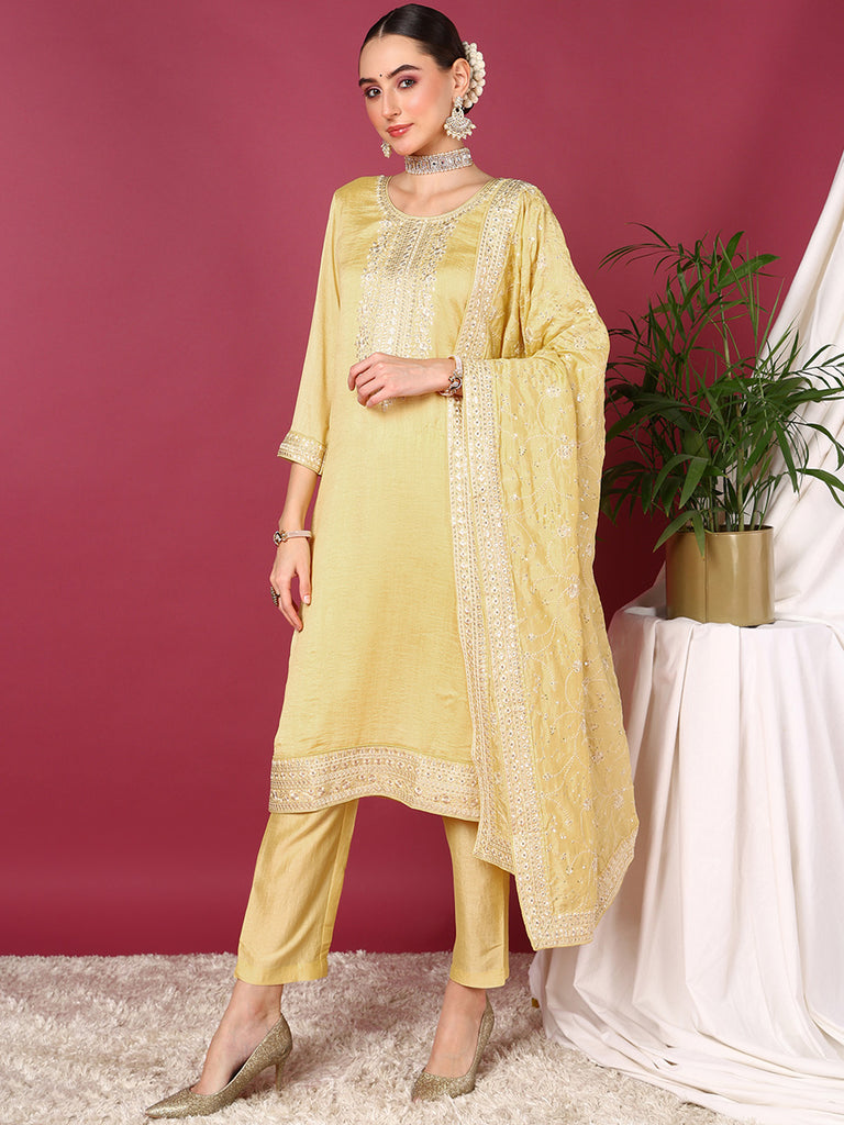 Women's Silk Blend Pale Yellow Embroidered Party Wear-Ahika