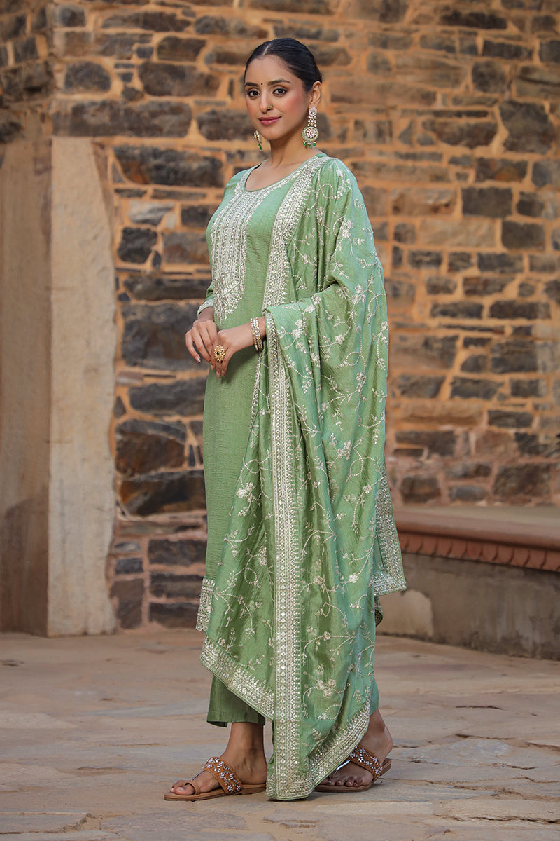 Women's Silk Blend Sage Green Embroidered Party Wear Suit Set - Ahika