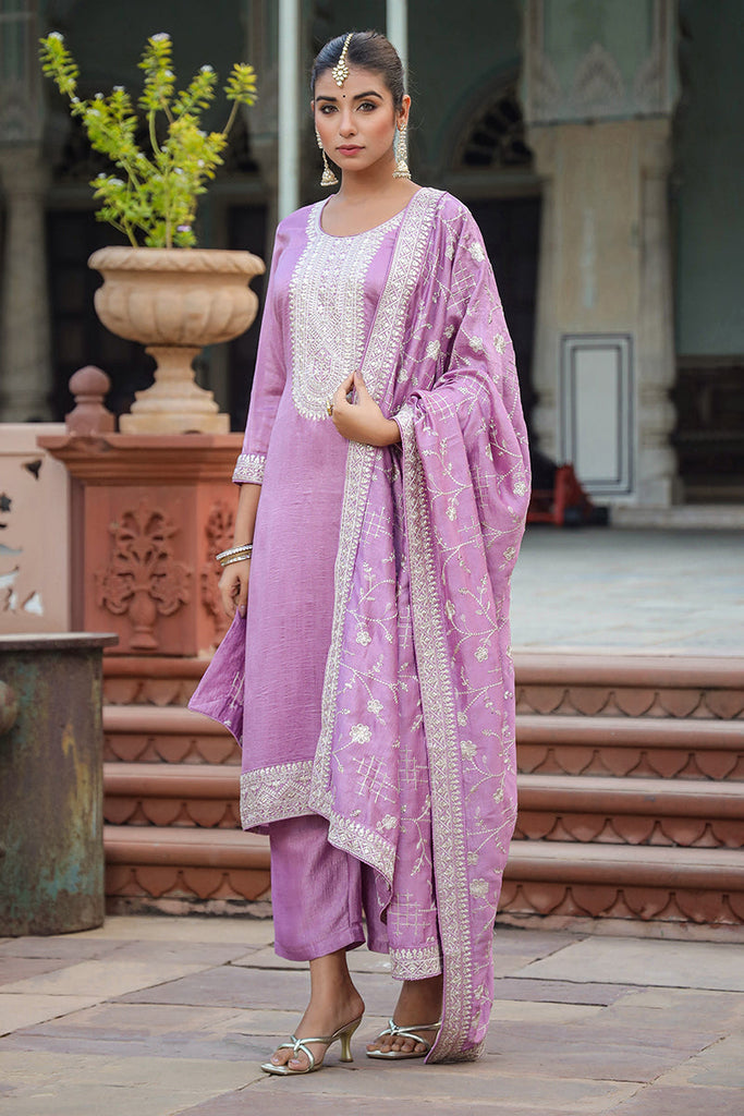 Women's Lilac Silk Blend Embroidered Party Wear