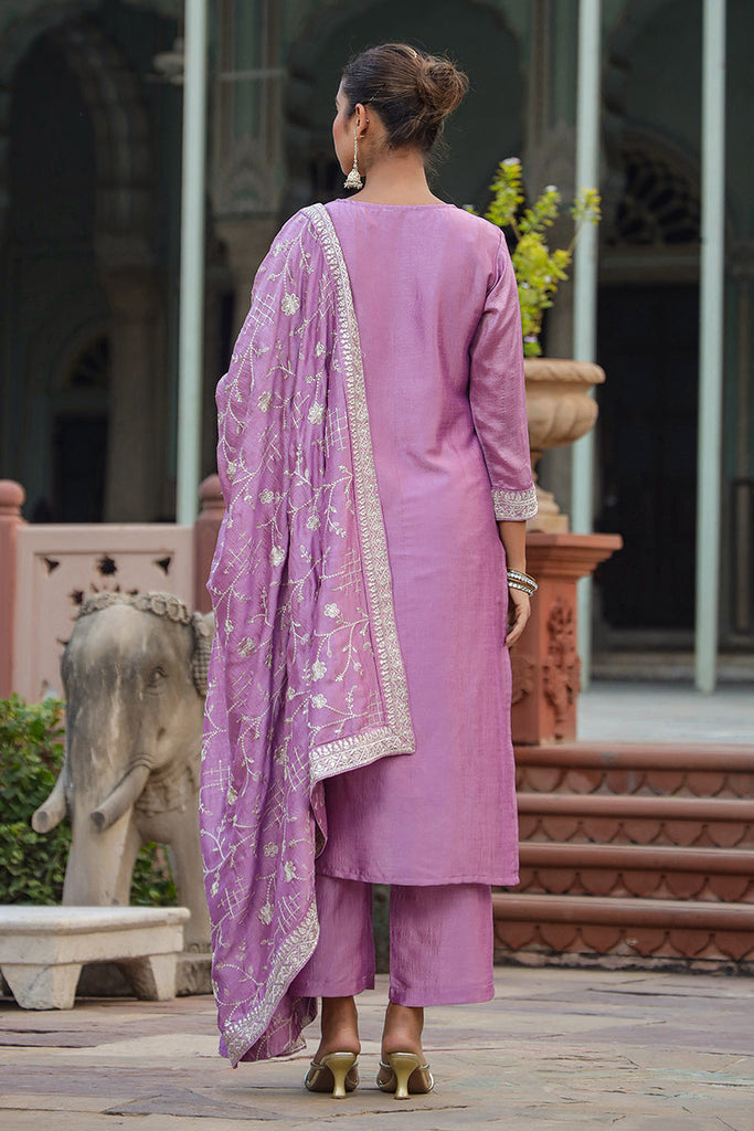 Women's Lilac Silk Blend Embroidered Party Wear