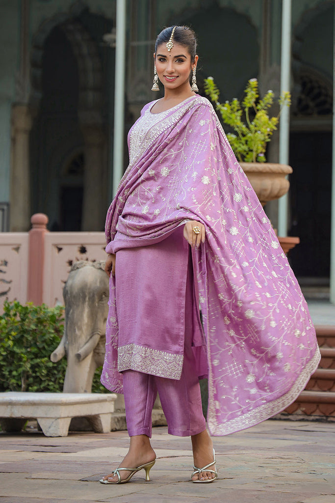 Women's Lilac Silk Blend Embroidered Party Wear