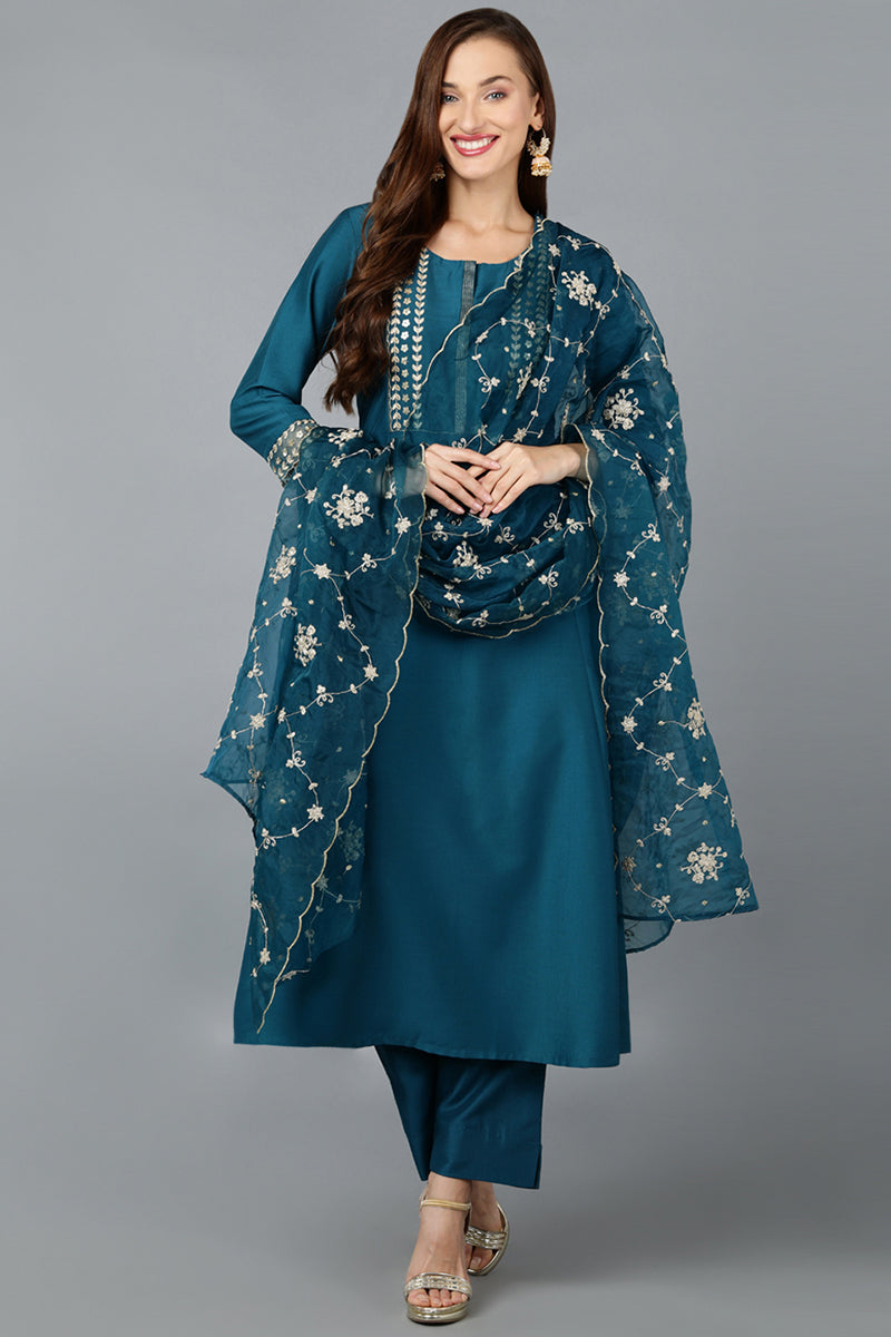 Women's Silk Blend Turquoise Embroidered Anarkali Festive Wear-Ahika - Ahika