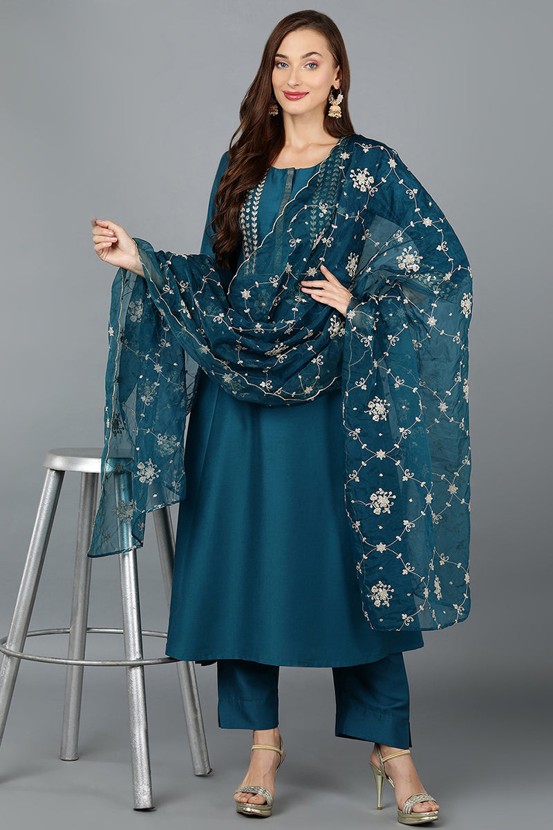 Women's Silk Blend Turquoise Embroidered Anarkali Festive Wear-Ahika - Ahika