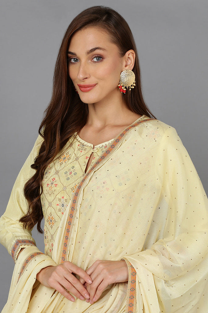 Women's Silk Blend Lemon Yellow Jacquard Party Wear Suit Set
