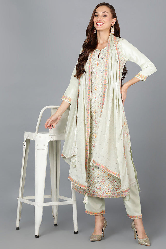 Women's Silk Blend Mint Green Jacquard Suit Set