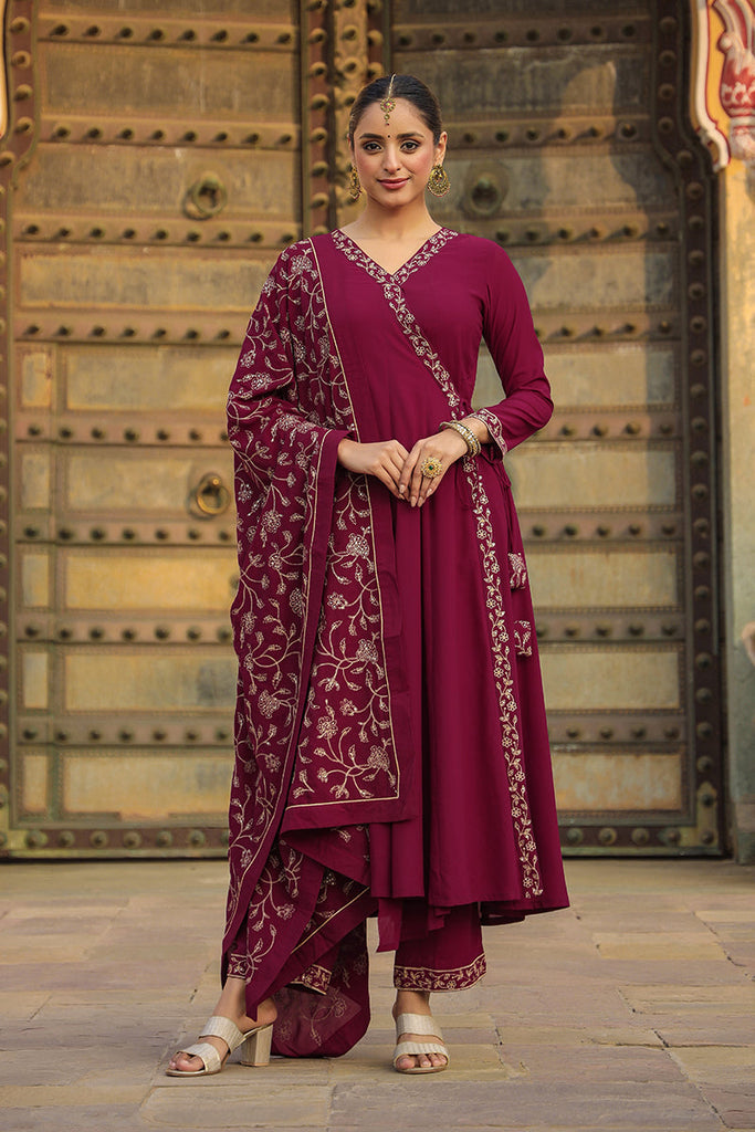 Women's Fuschia Georgette Angrakha Pant With Dupatta