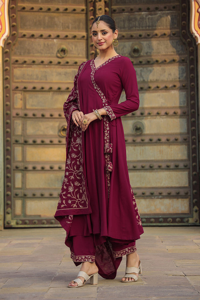 Women's Fuschia Georgette Angrakha Pant With Dupatta