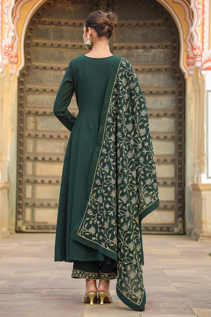 Women's Dark Green Georgette Angrakha Pant With Dupatta