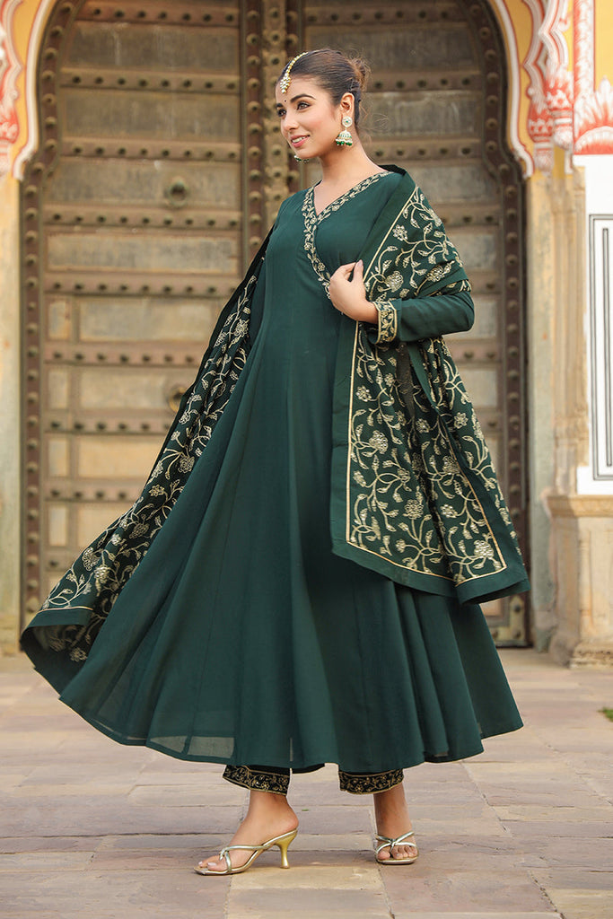 Women's Dark Green Georgette Angrakha Pant With Dupatta