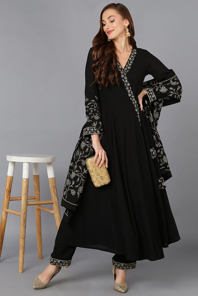 Women's Black Georgette Angrakha Pant With Dupatta