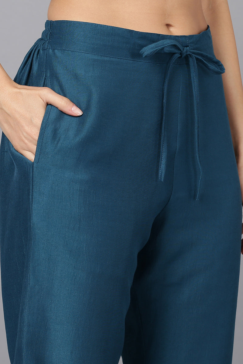 Women's Teal Blue Silk Blend Umbrella Cut Rogan Work Suit Set - Ahika