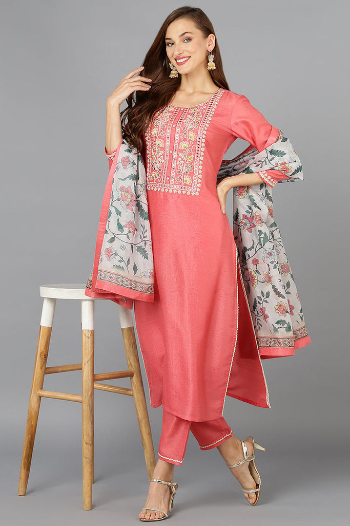 Women's Coral Pink Silk Blend Straight Kurta Pant With Dupatta