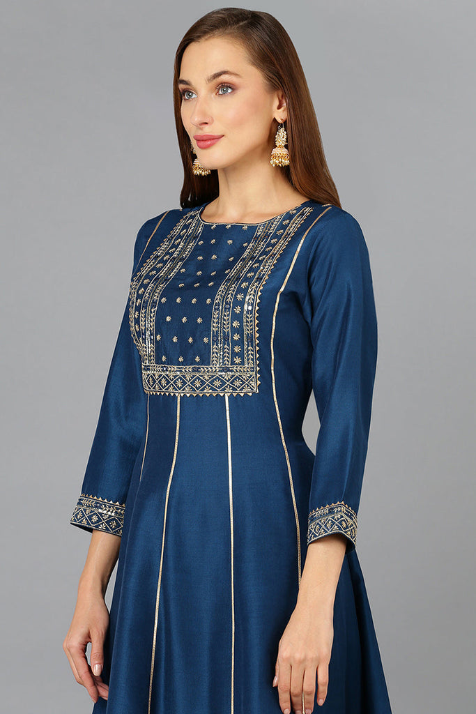 Women's Teal Silk Blend Straight Kurta Pant With Dupatta