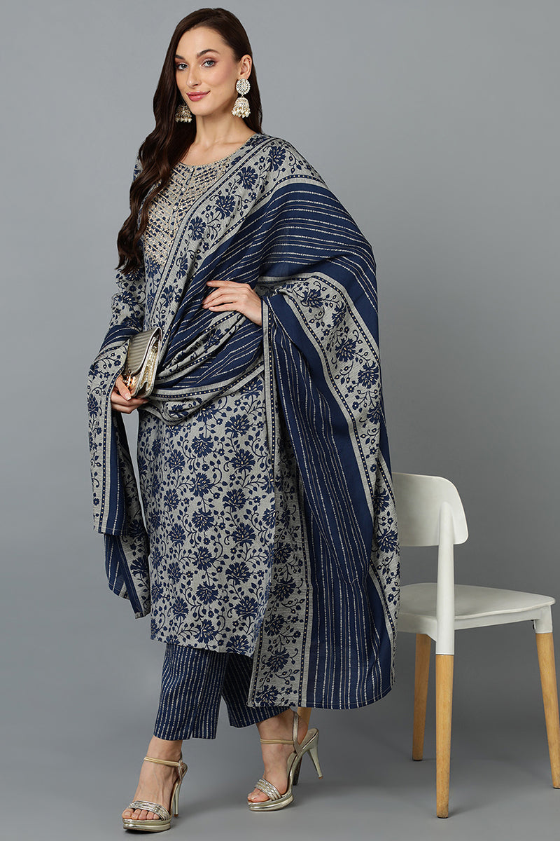 Women's Silk Blend Blend Grey Straight Printed Kurta Pant With Blue Dupatta - Ahika