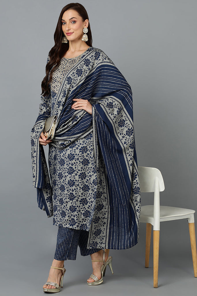 Women's Silk Blend Blend Grey Straight Printed Kurta Pant With Blue Dupatta