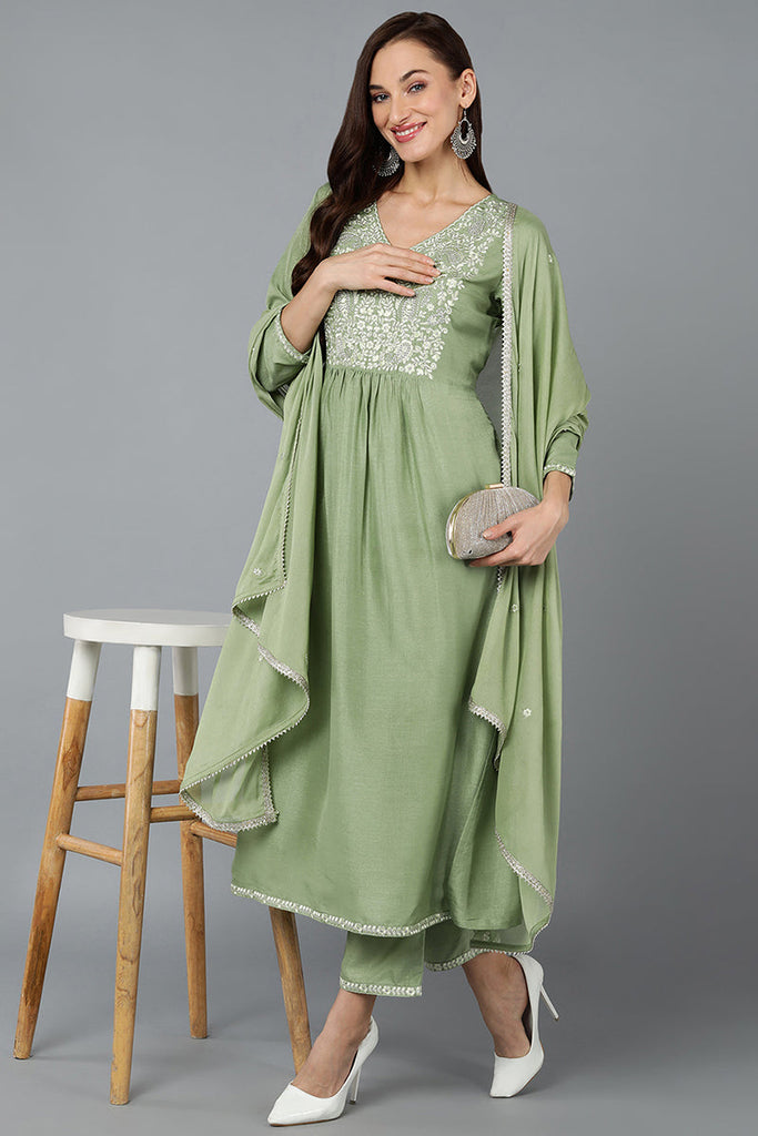 Women's Silk Blend Sea Green Straight Kurta Pant With Dupatta