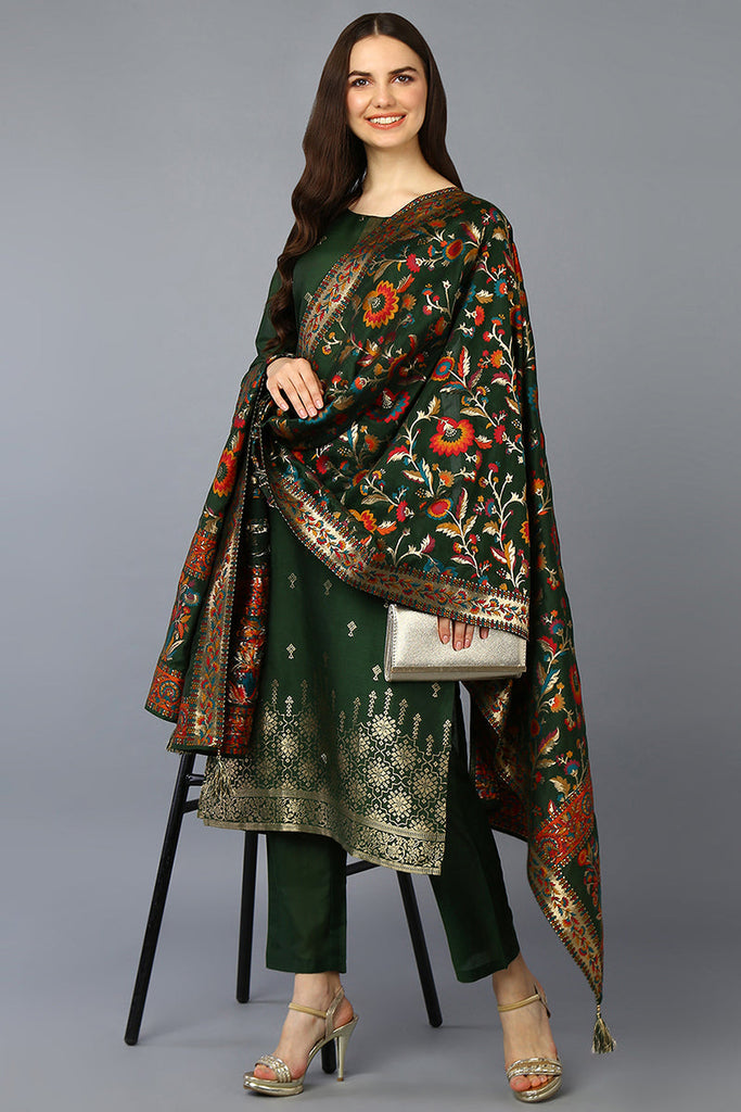 Women's Silk Blend Green Embroidered Straight Kurta Pant With Dupatta