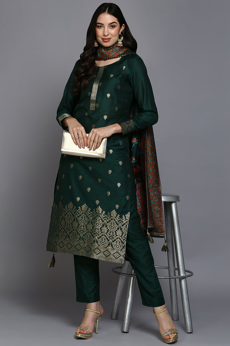 Women's Silk Blend Green Jacquard Straight Kurta Pant With Dupatta - Ahika
