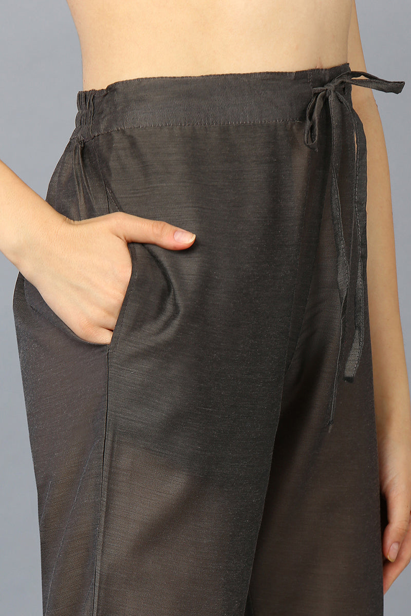 Women's Silk Blend Grey Jacquard Straight Kurta Pant With Dupatta - Ahika